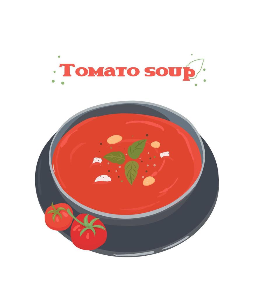 Tomato soup in a blue bowl. Soup puree from fresh tomatoes. Basil greens for soup Cold tomato soup. Gazpacho soup. vector