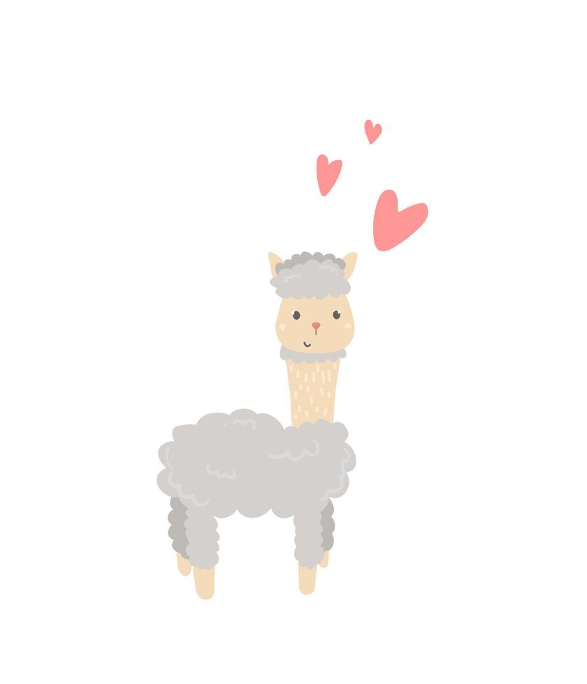 alpaca de dibujos animados dibujados a mano, llama. ilustración vectorial de una llama sobre un fondo blanco. personaje de amor. para postal de bebé, libro, póster. vector