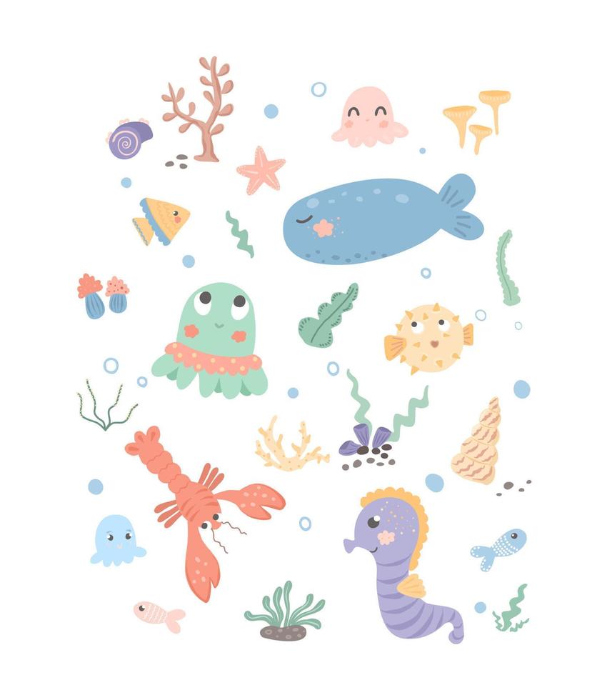 Set with sea creatures. Cartoon characters of the underwater world.Vector isolated illustration on white background. vector