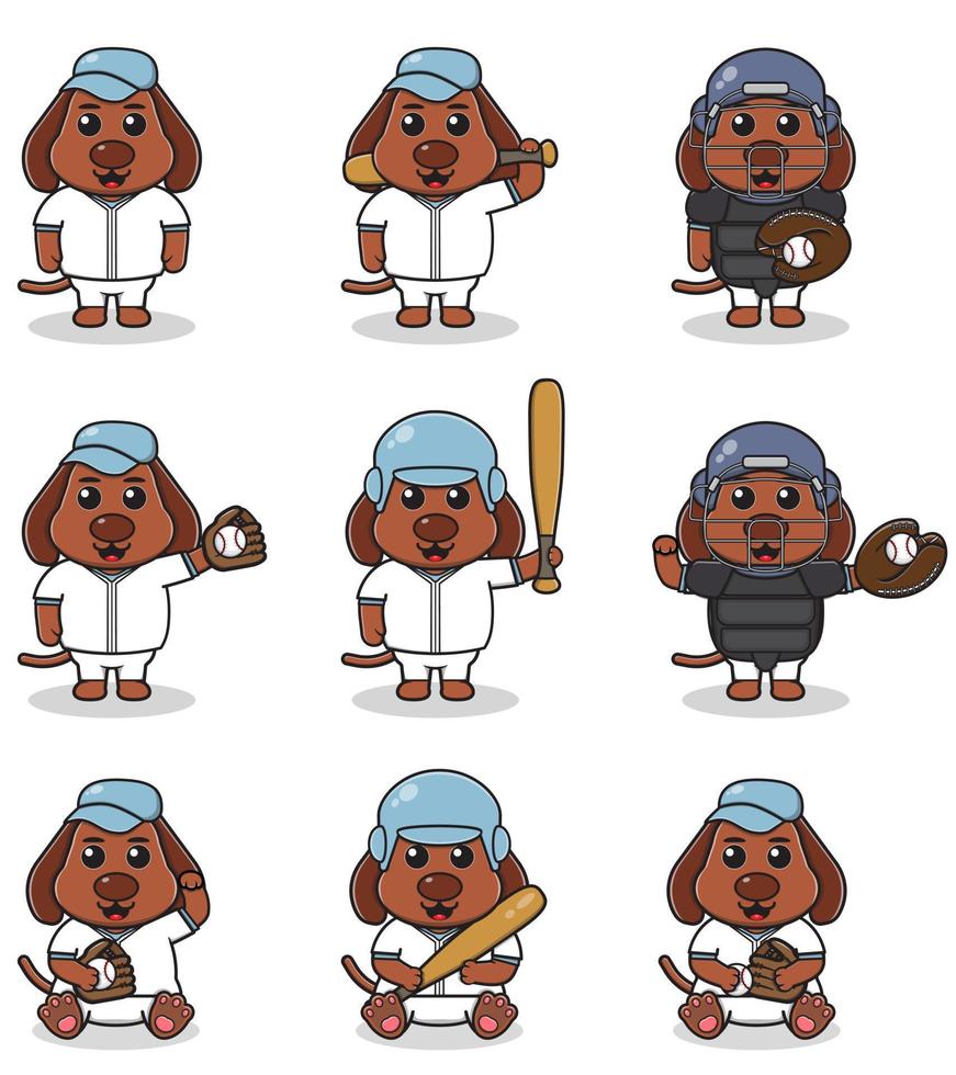 ilustración vectorial de un lindo perro con traje de béisbol. conjunto de lindos personajes de perros. vector