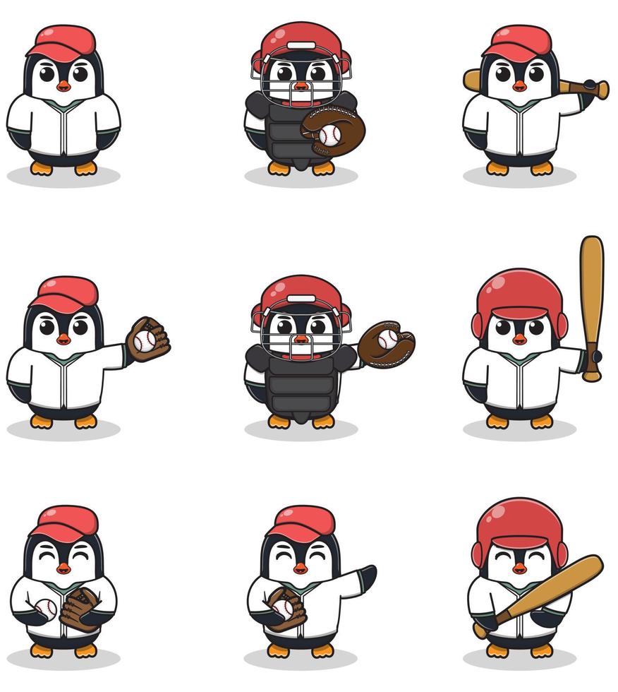 ilustración vectorial de lindo pingüino con traje de béisbol. conjunto de lindos personajes de pingüinos. vector