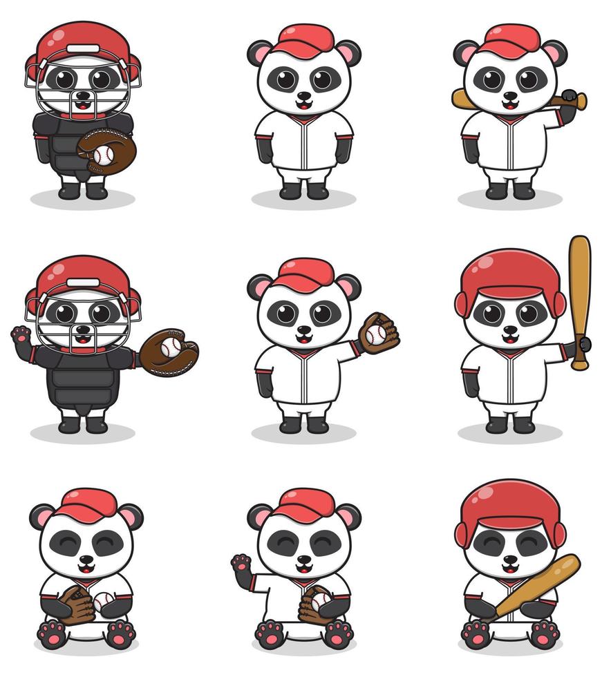 ilustración vectorial de panda lindo con traje de béisbol. conjunto de lindos personajes panda. vector