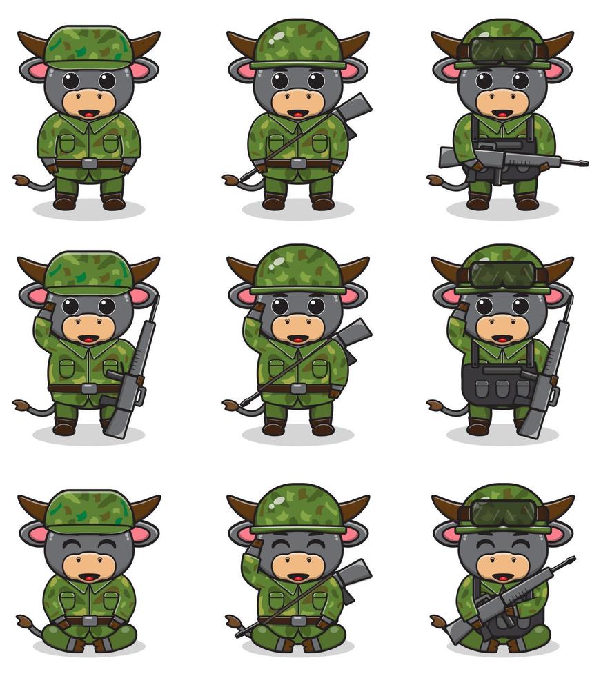 ilustraciones vectoriales de lindo búfalo como soldado vector