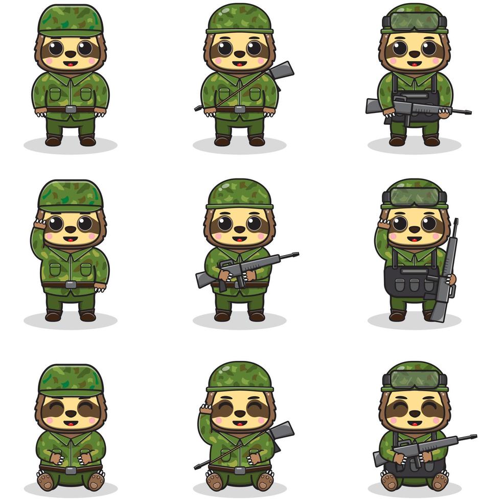 ilustraciones vectoriales de lindo perezoso como soldado. vector