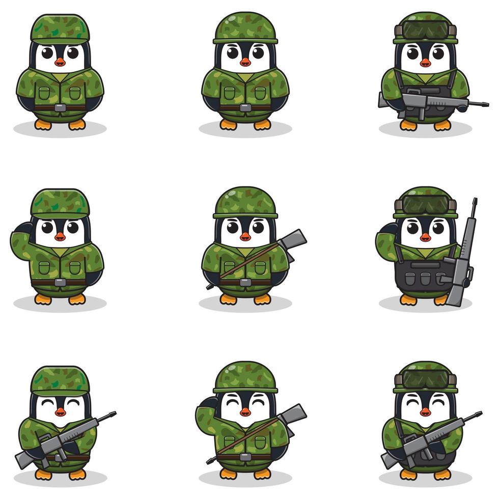ilustraciones vectoriales de lindo pingüino como soldado. vector