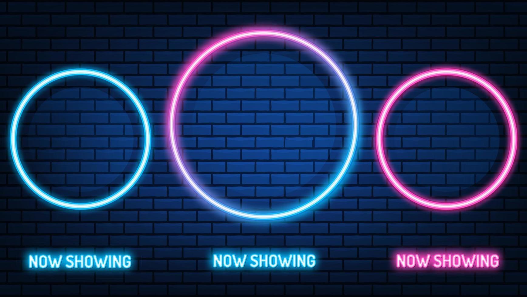 Neon Cinema mockup sign. glowing color neon square. shining led or halogen lamps frame banners. on brick wall vector set.