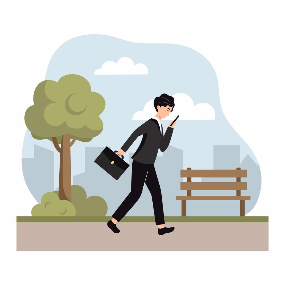 Man in business suit and carrying briefcase is walking around city. Businessman on walk. Character hurries to meeting. Vector character in cartoon style.