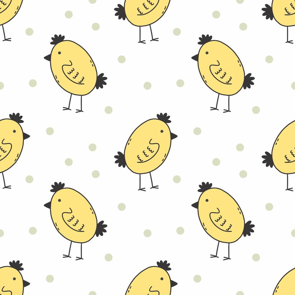 Cute yellow bird and polka dots. Seamless background for sewing children clothes. Printing on fabric and wrapping paper. Pattern for nursery. vector