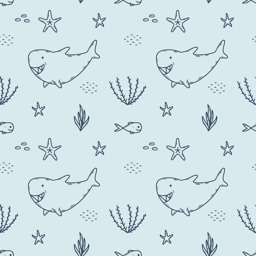 Seamless blue pattern with cute shark. Fish and starfish. Background for sewing clothes and printing on fabric. Packing paper. Inhabitants of sea and ocean. Underwater world. vector