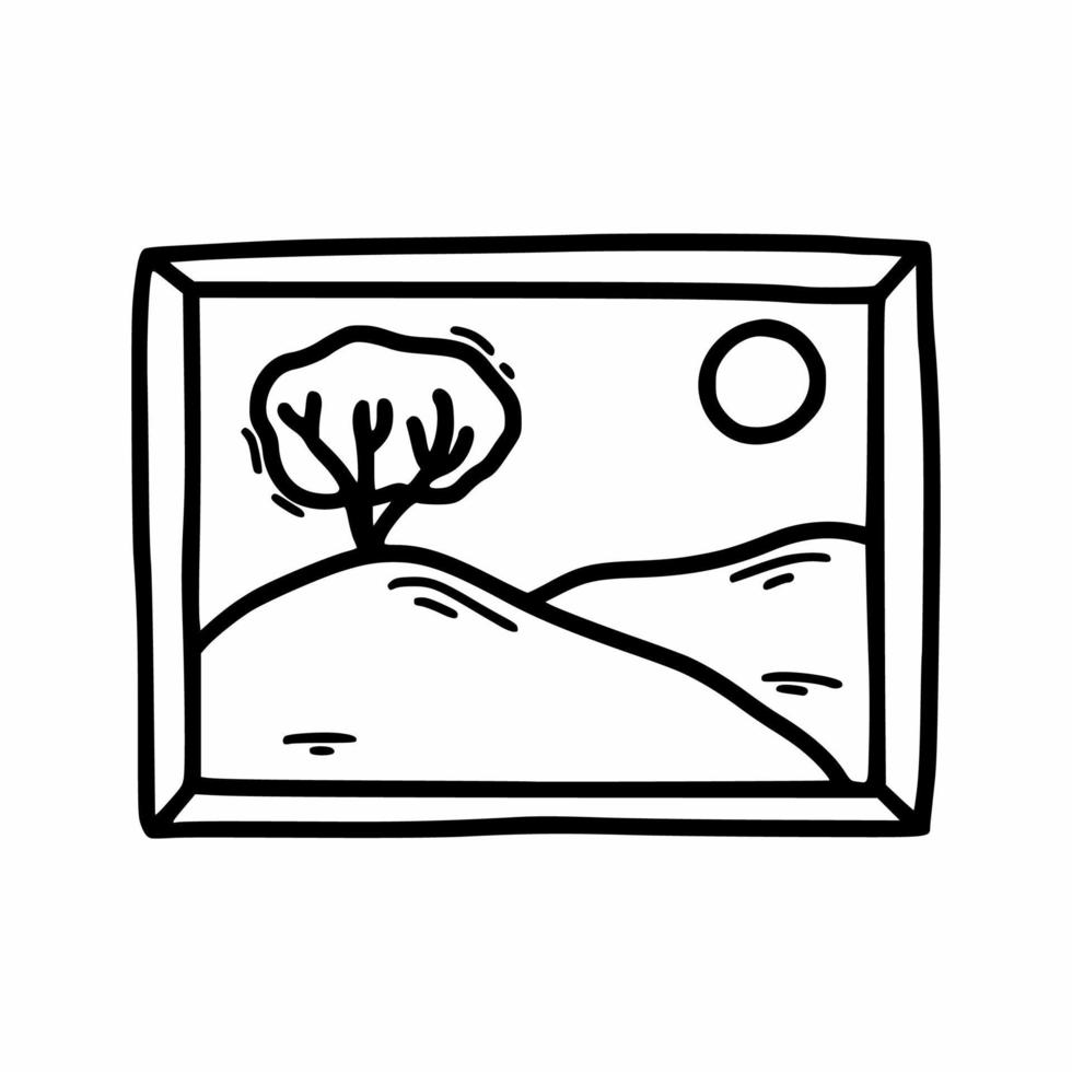 Art picture in frame. Landscape. Vector doodle illustration. Line icon.