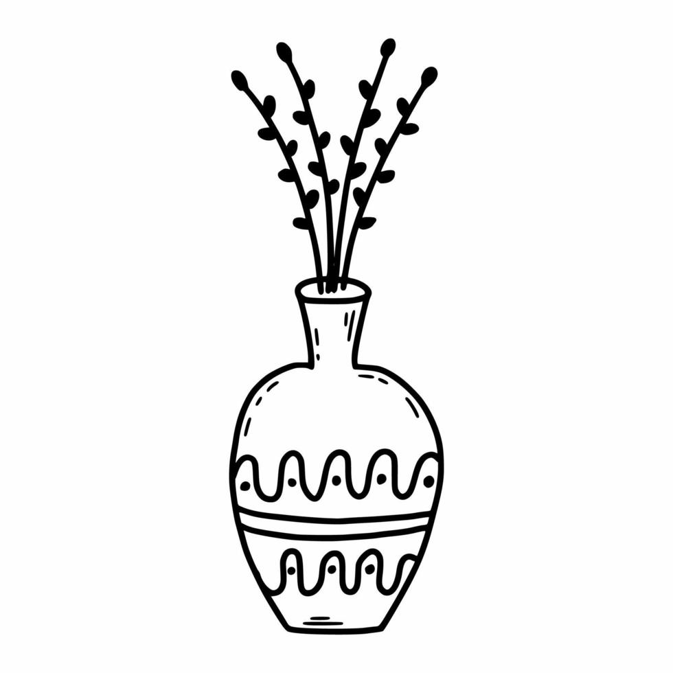 Vase with twigs of plant. Vector doodle illustration. Element for design of postcard.