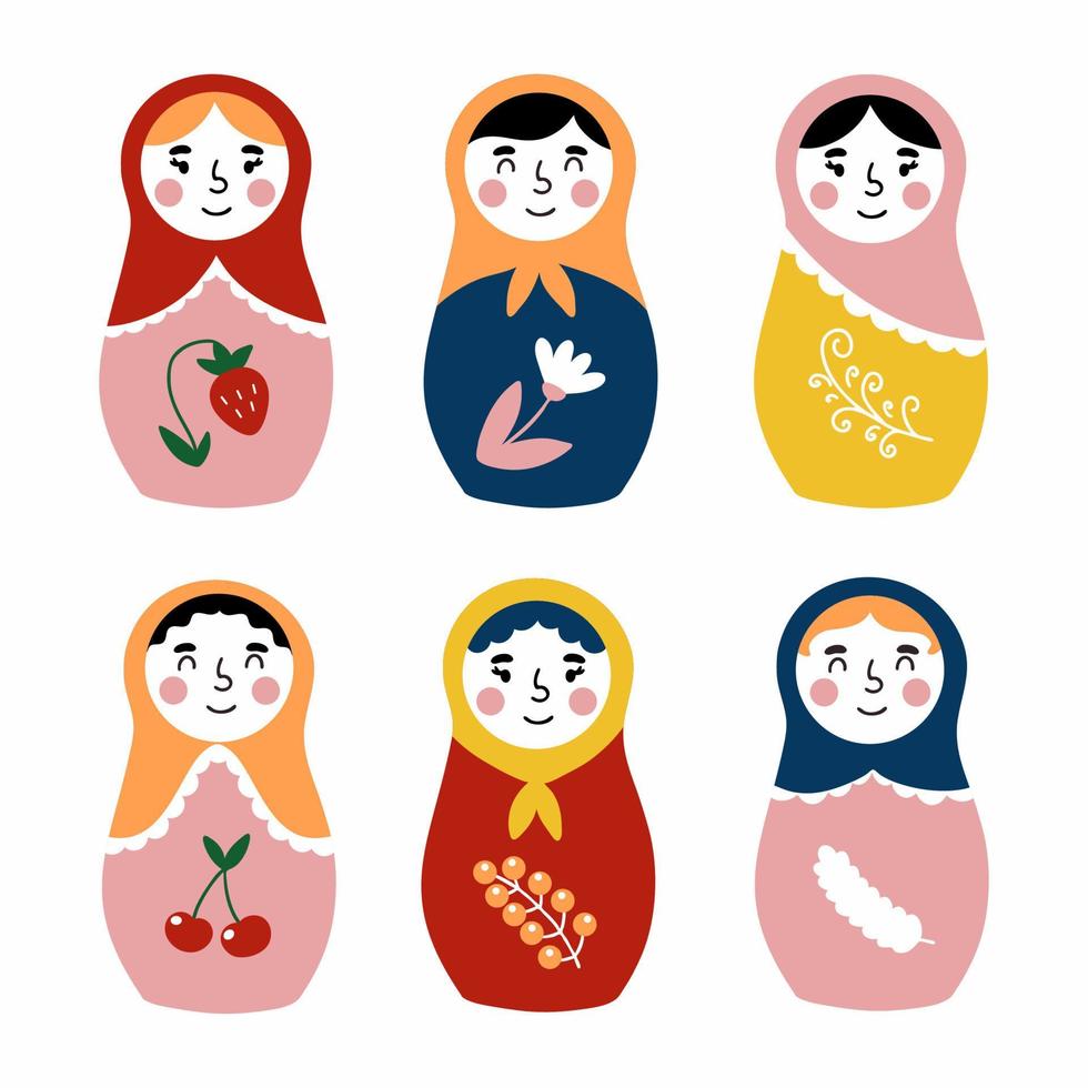 Russian matryoshka doll. Set vector illustration in doodle style. Ttraditional toy.