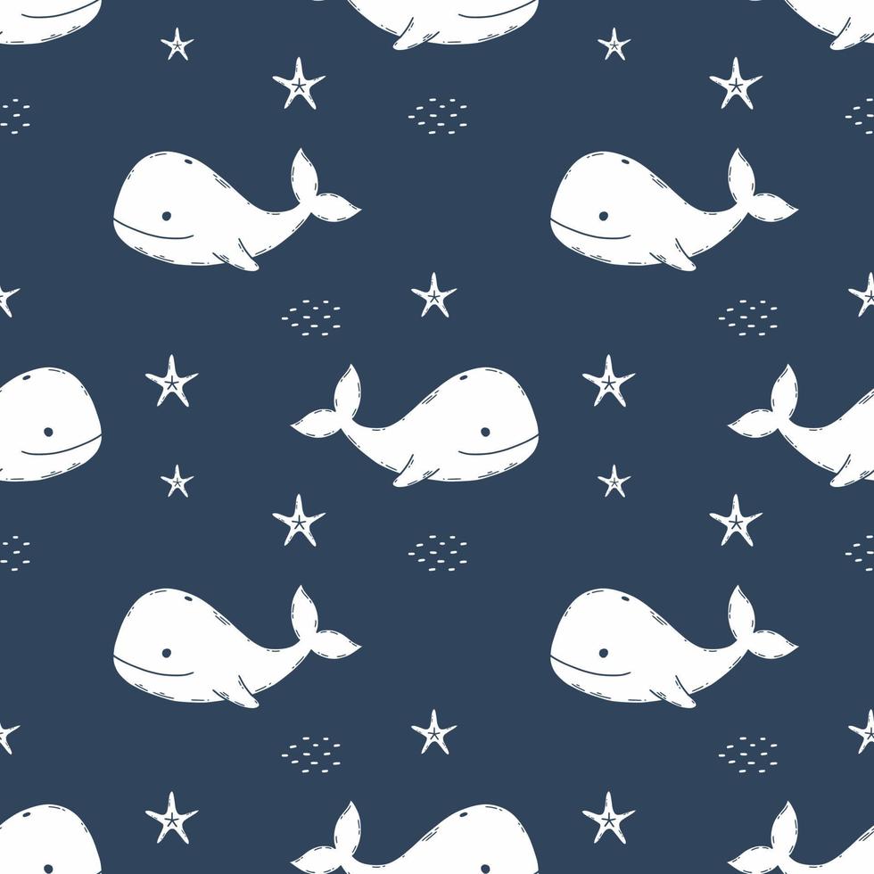 patrón azul oscuro con linda ballena. vivero de fondo sin fin. papel tapiz repetido para coser ropa e imprimir en tela. ilustración vectorial de niños. vector