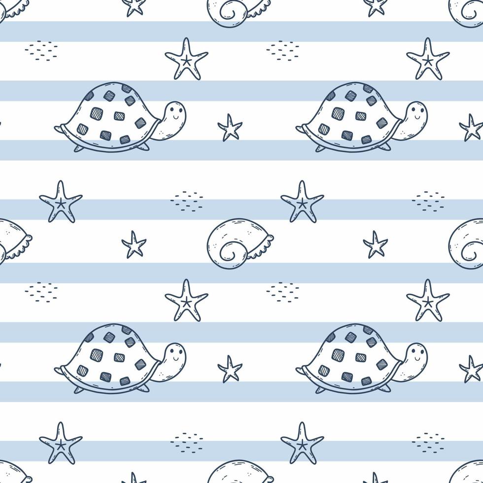 Blue seamless pattern with turtle. Starfish and seashell. Printing on fabric and wrapping paper. Endless wallpaper. vector