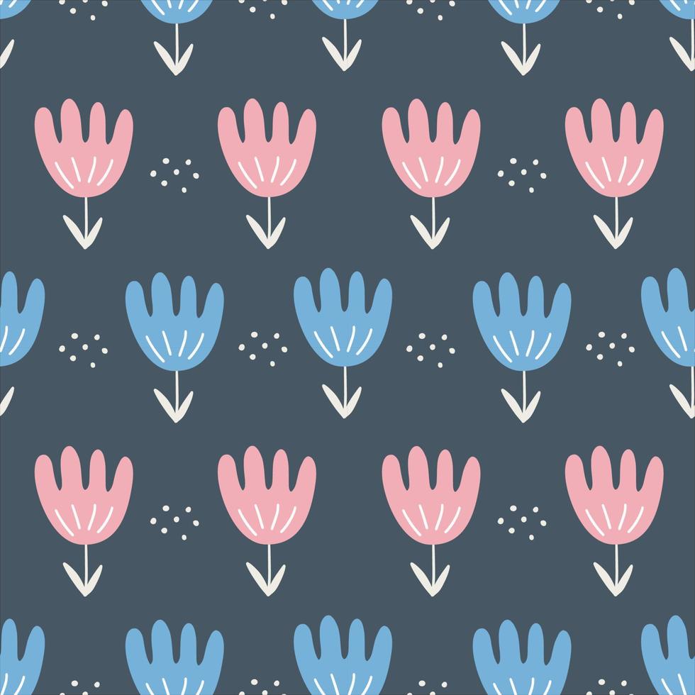 Seamless pattern for print on fabric. Cute floral motif. Blue and pink flowers on dark background. Vector doodle wallpaper for nursery.