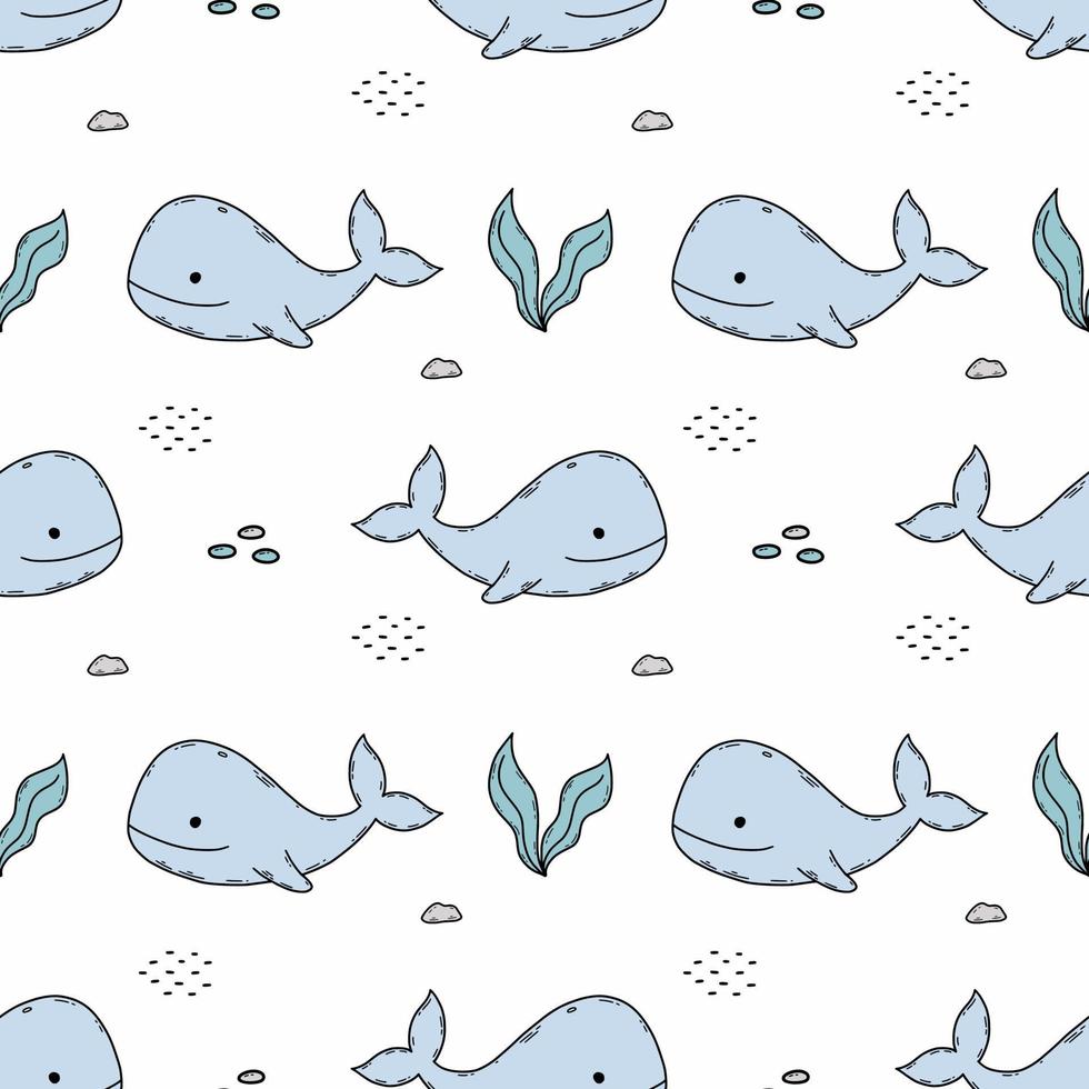 Seamless pattern with cute whale in sea. Endless wallpaper in nursery. Printing on fabric and wrapping paper. vector