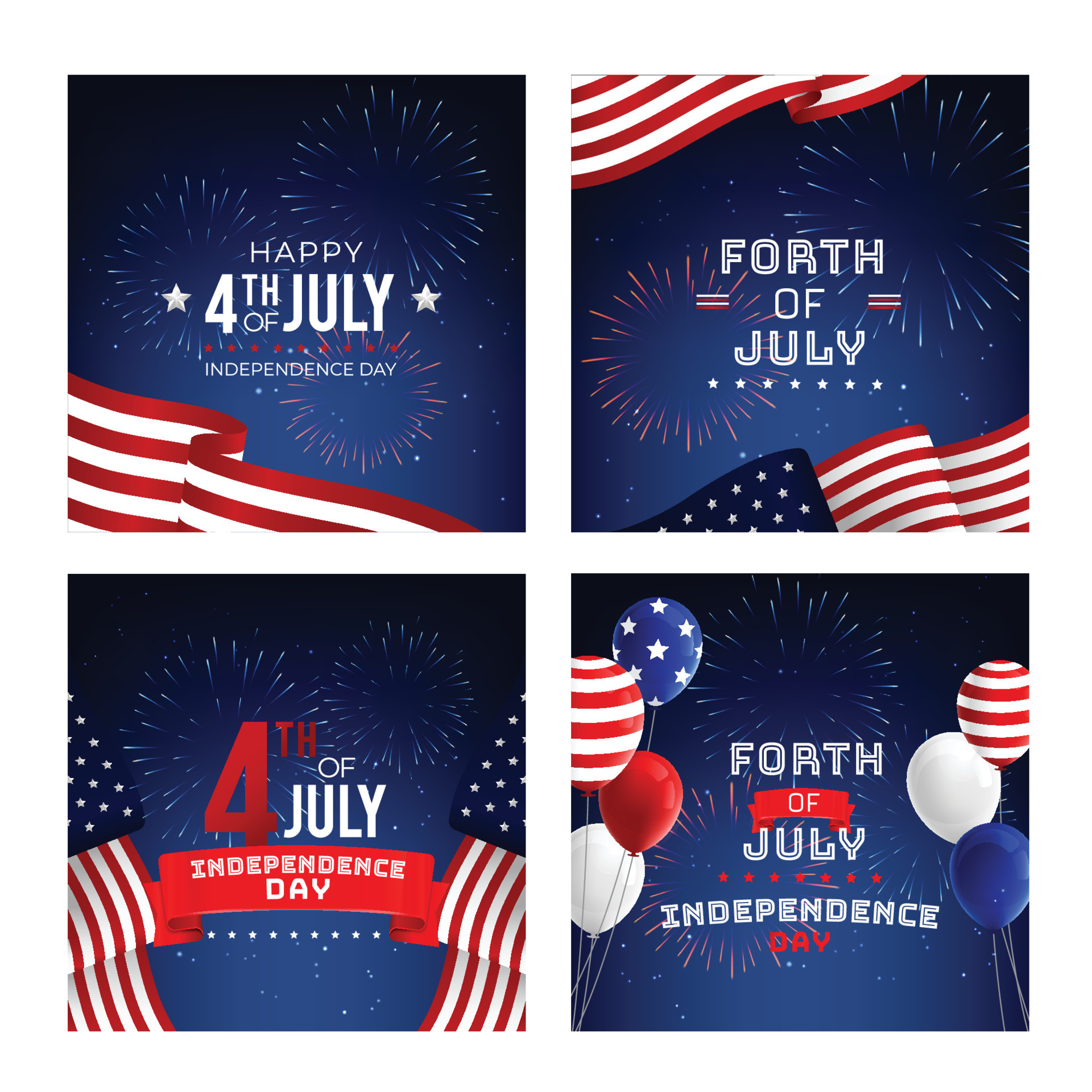 Forth of July Greeting Card Design with Fireworks, Flag, and Balloon