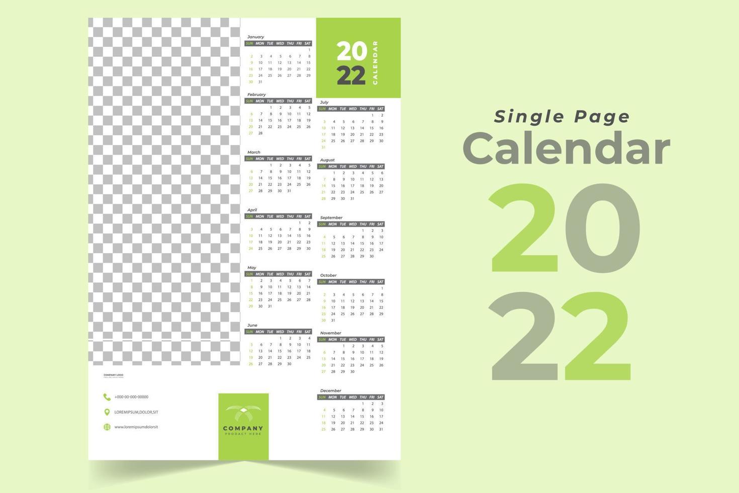página única, plantilla de calendario de pared natural mensual 2022 vector