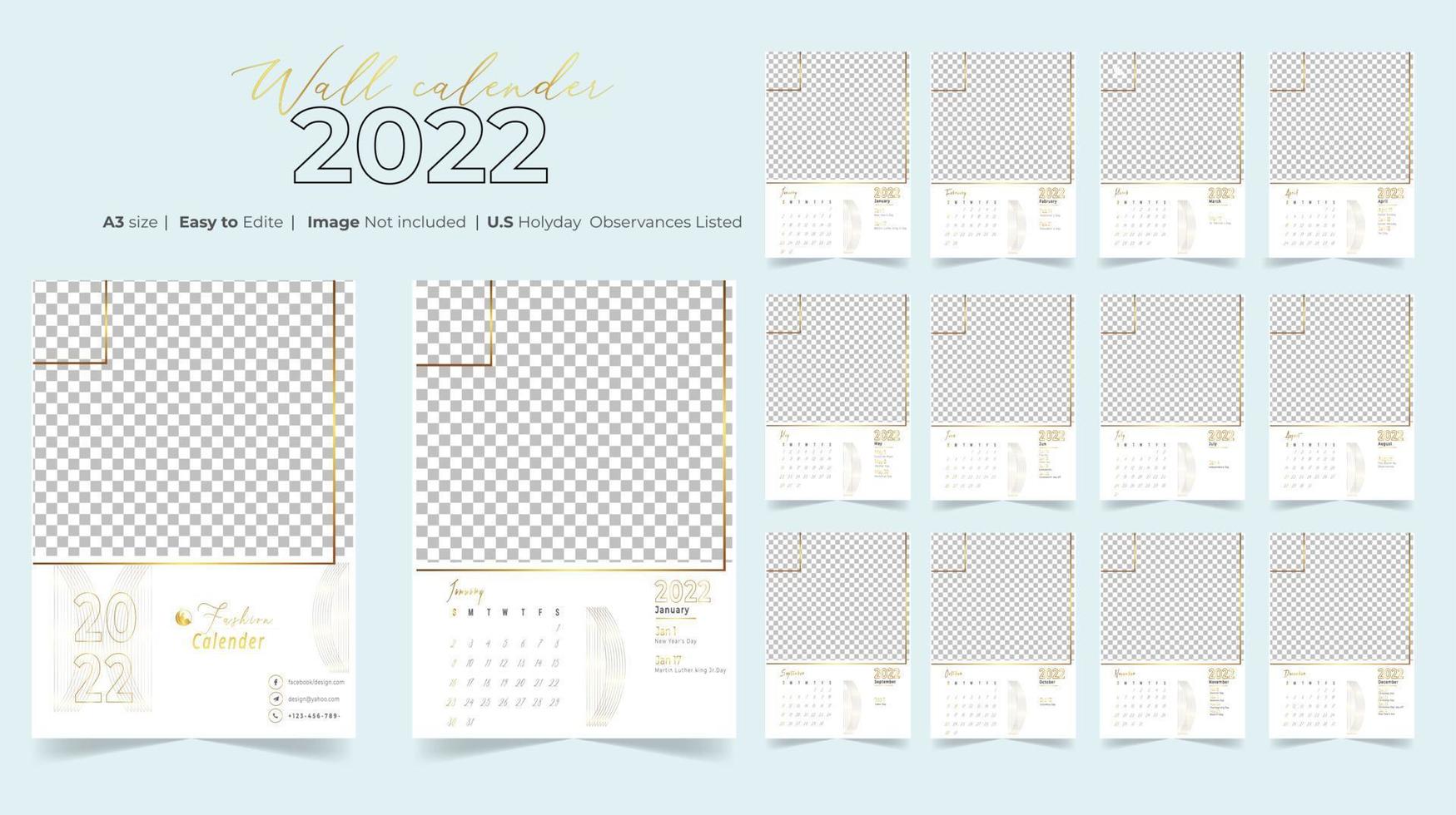 Fashion, monthly 12 page wall calendar 2022 vector