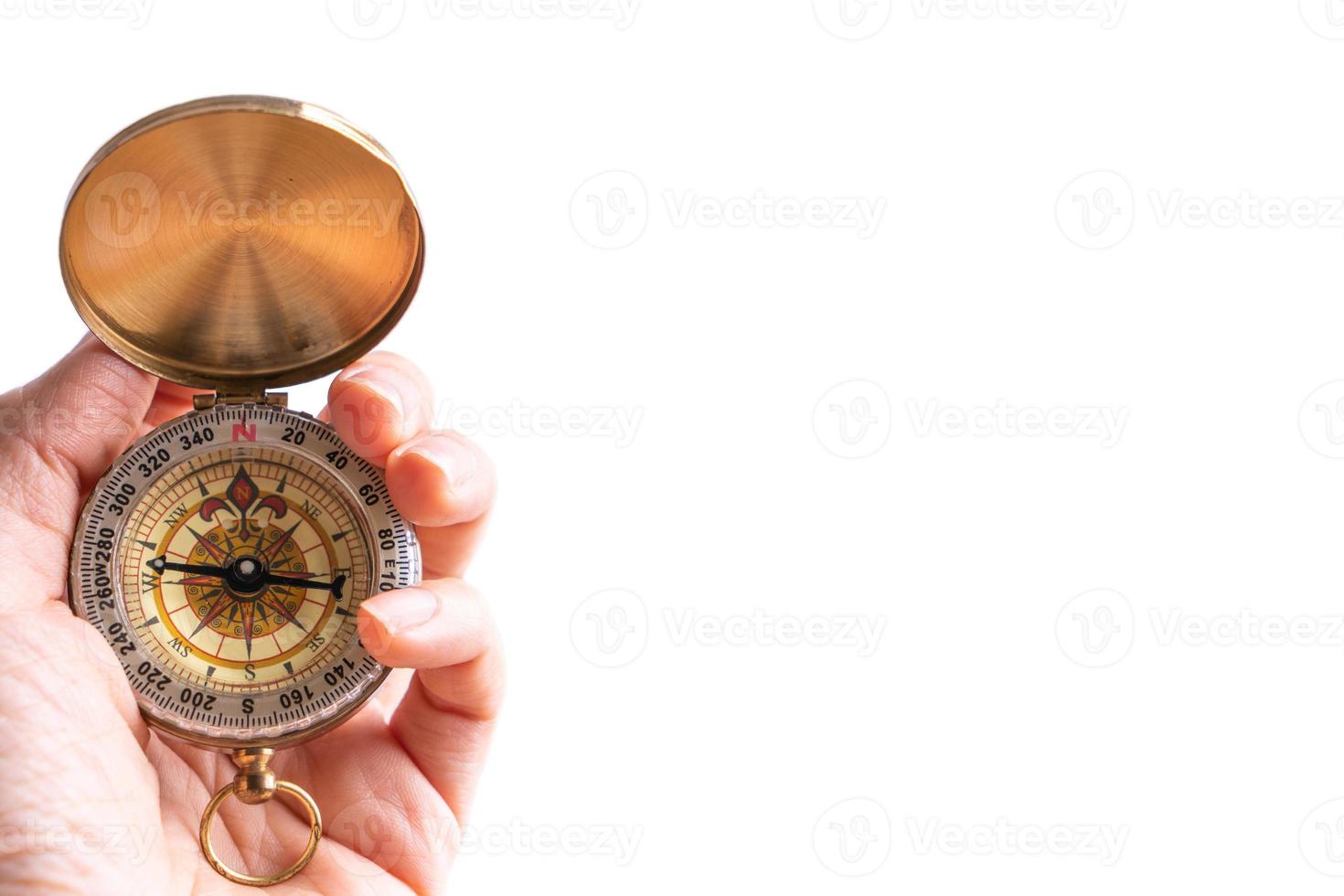 Hand holding vintage compass with copy space photo