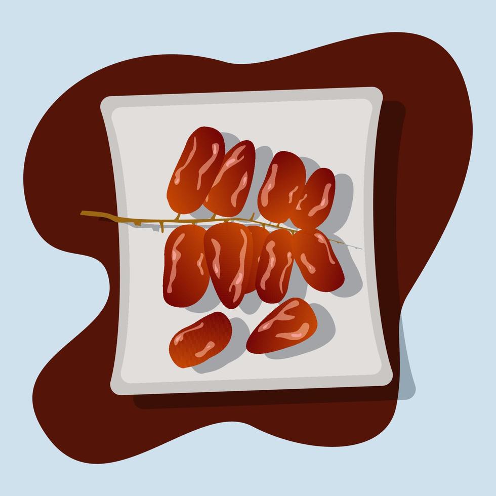 Dates palm fruit with stalk on the plate vector illustration. Breaking the fast, ramadan food concept
