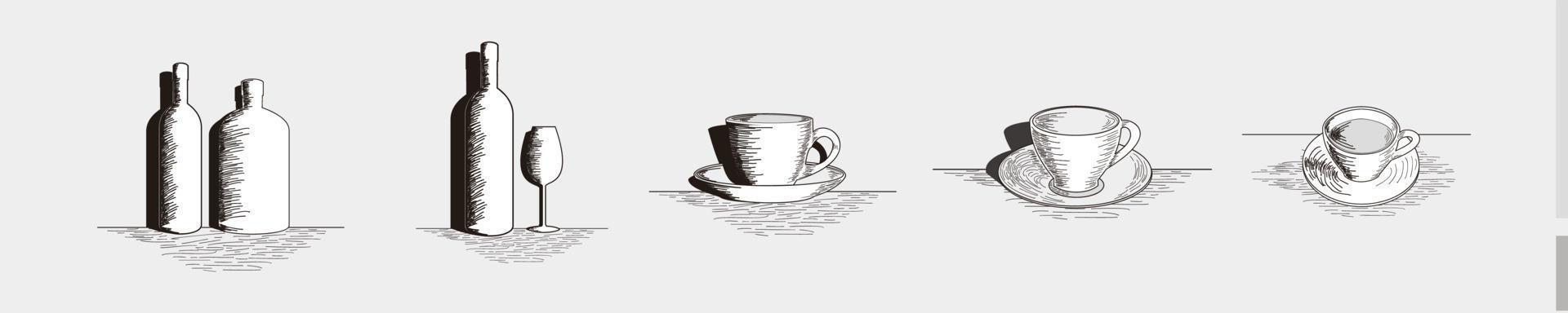 bottle, coffee cup and glasses hand drawn set for bar or cafe icon illustrations logo - bottle, coffee cup and glasses hand drawn symbol silhouette vector