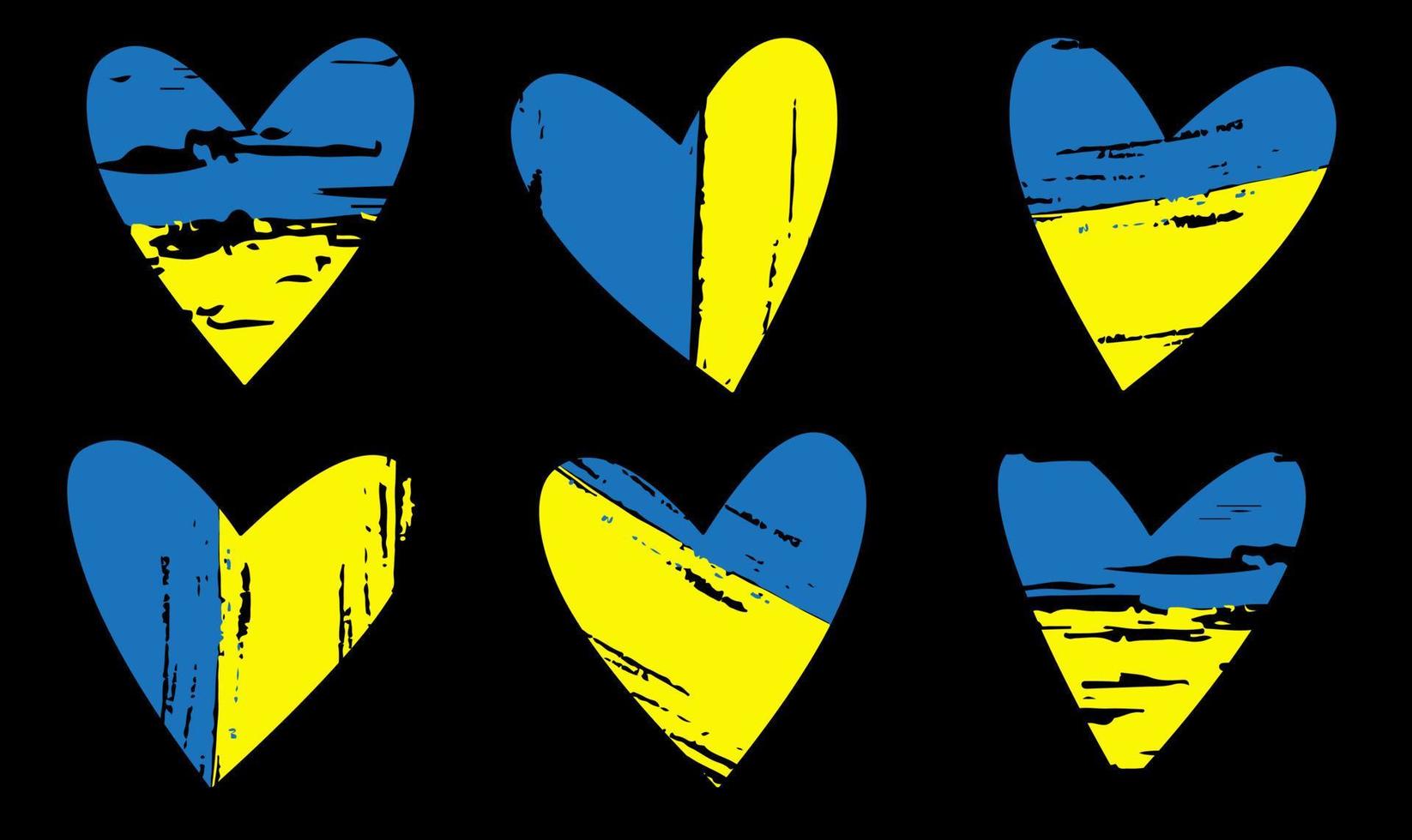Flag of Ukraine. Set of hearts, grunge texture. Heart shape icon. Vector illustration isolated.