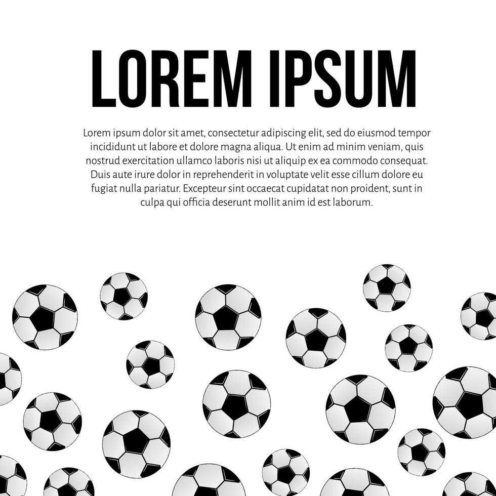 Soccer balls scattered on white background. Sports concept. Football vector illustration. Template with space for text for your design projects.