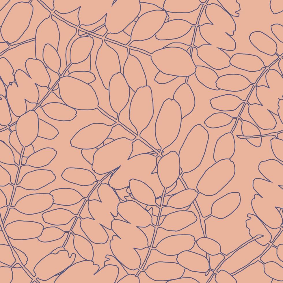 Seamless vector pattern with blue outline silhouettes of acacia leaves on pink background. Zero-waste, recycle eco-friendly tools. Packaging design, wrapping gifts, wallpaper web page background.