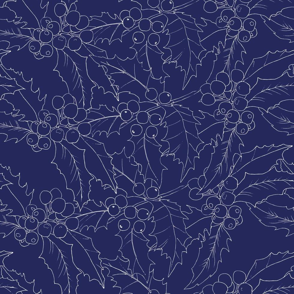 Seamless vector pattern with white outline holly silhouettes branches on deep blue background. Background for textiles, fabrics, covers, wallpapers, print, wrapping gift