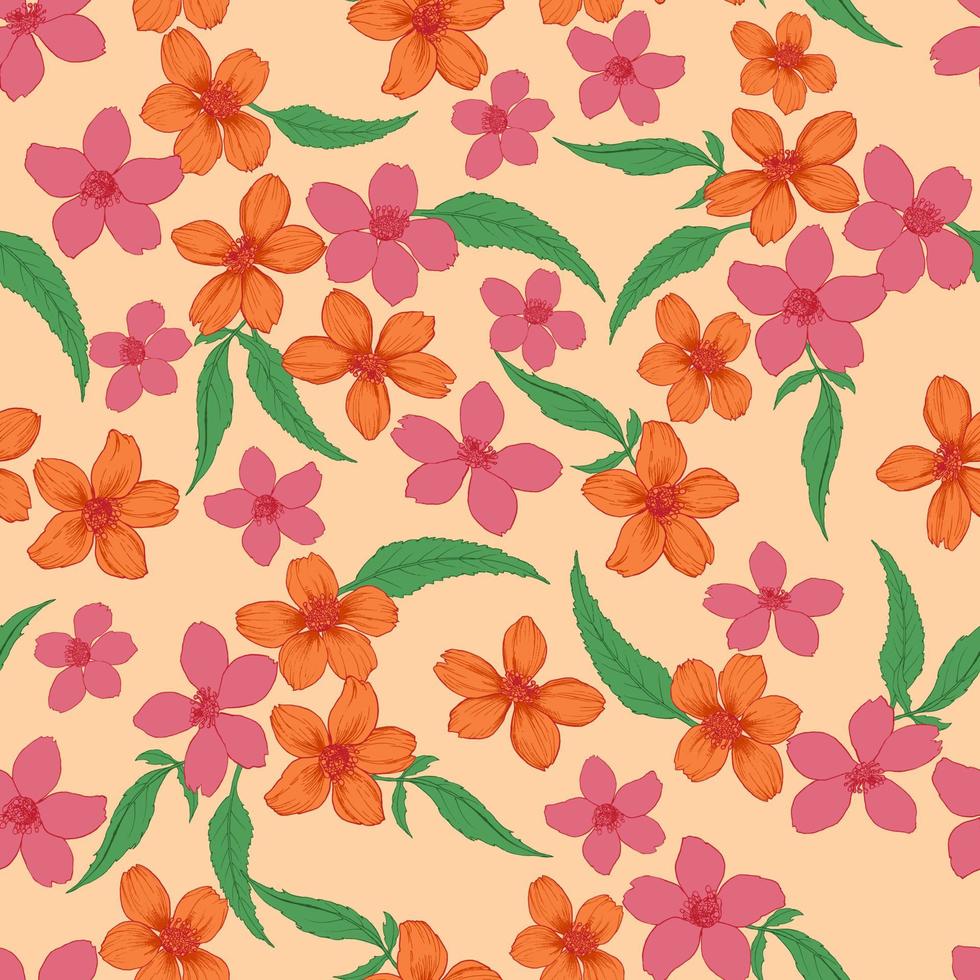 patrón de vector transparente colorido de moda con pequeñas flores multicolores sobre un fondo rosa. fondo para textiles, telas, cubiertas, papeles pintados, estampados, envoltura de regalos o cualquier propósito