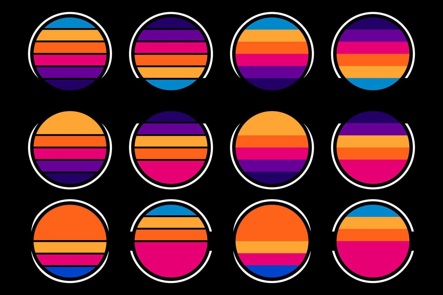 Collection shape circles with sunset background isolated black background vector