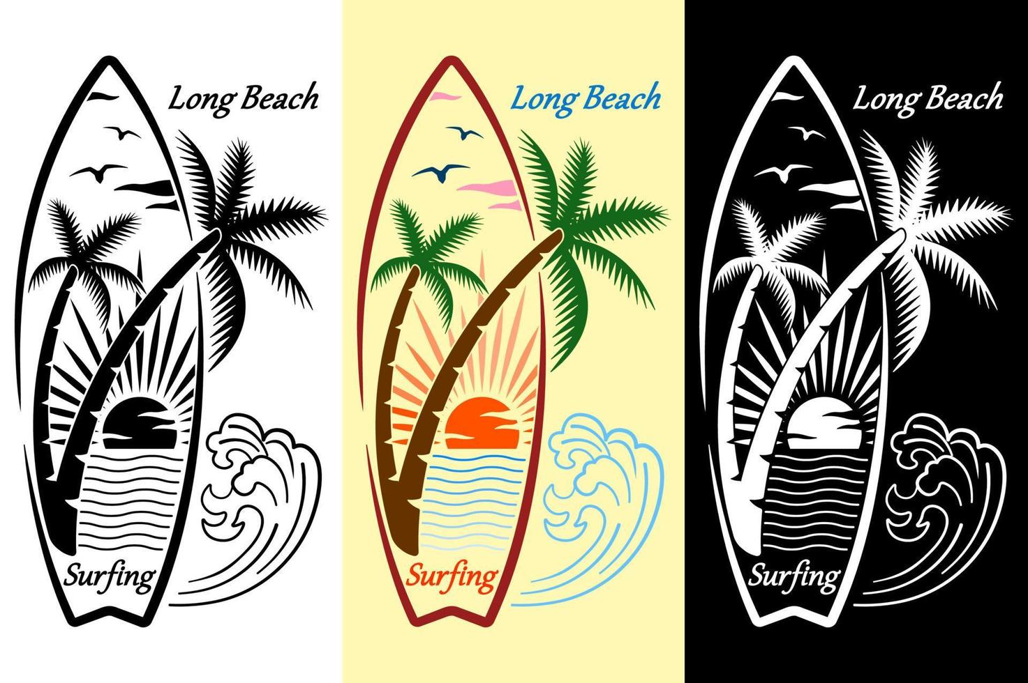 paisaje marino en el marco de la tabla de surf dibujo emblema imprimible aislado vector