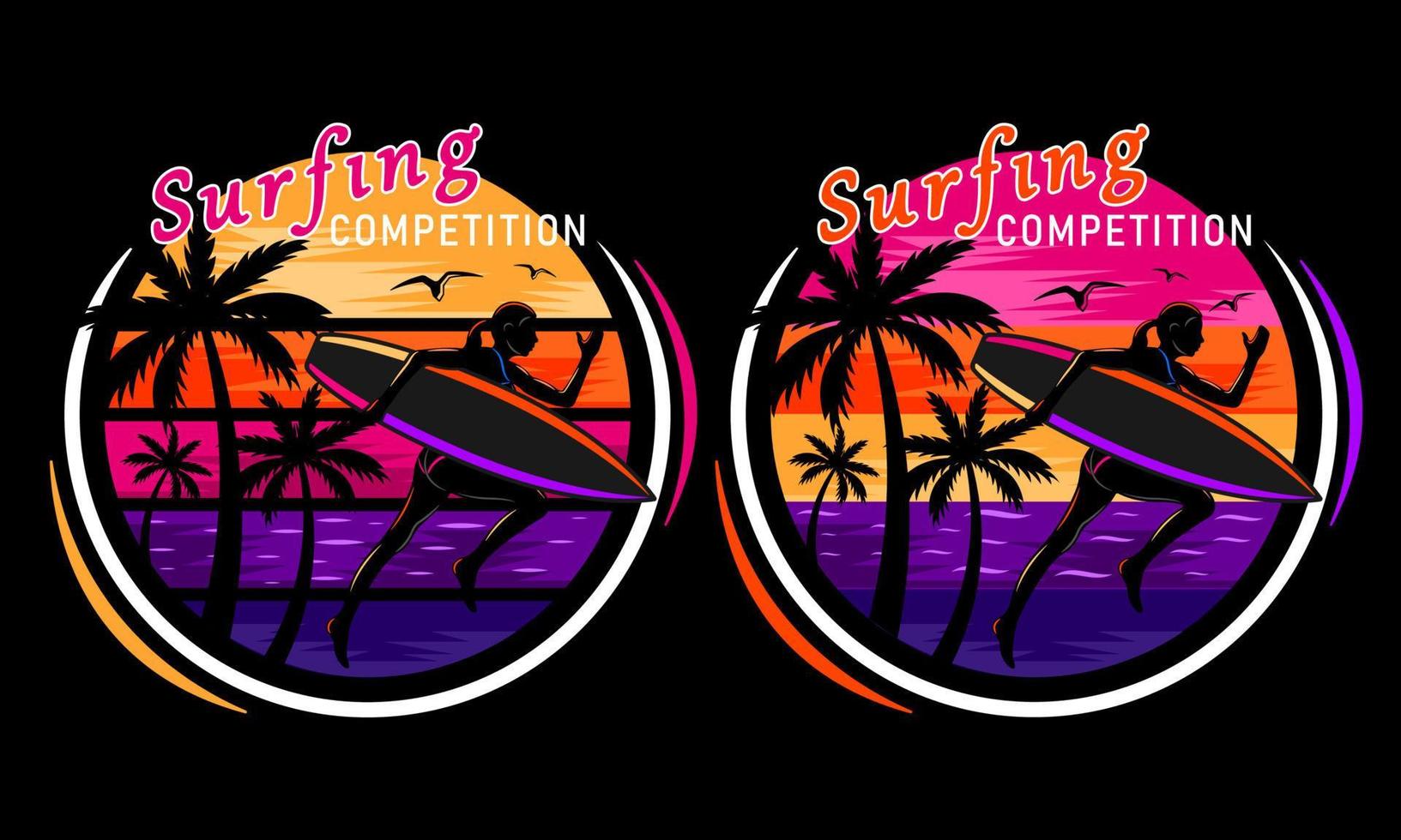 sunset beach running surfing woman silhouette print shirt vector