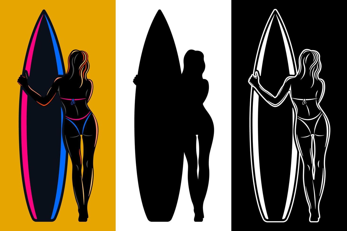 mujer en traje de baño con tabla de surf vista trasera vector aislado