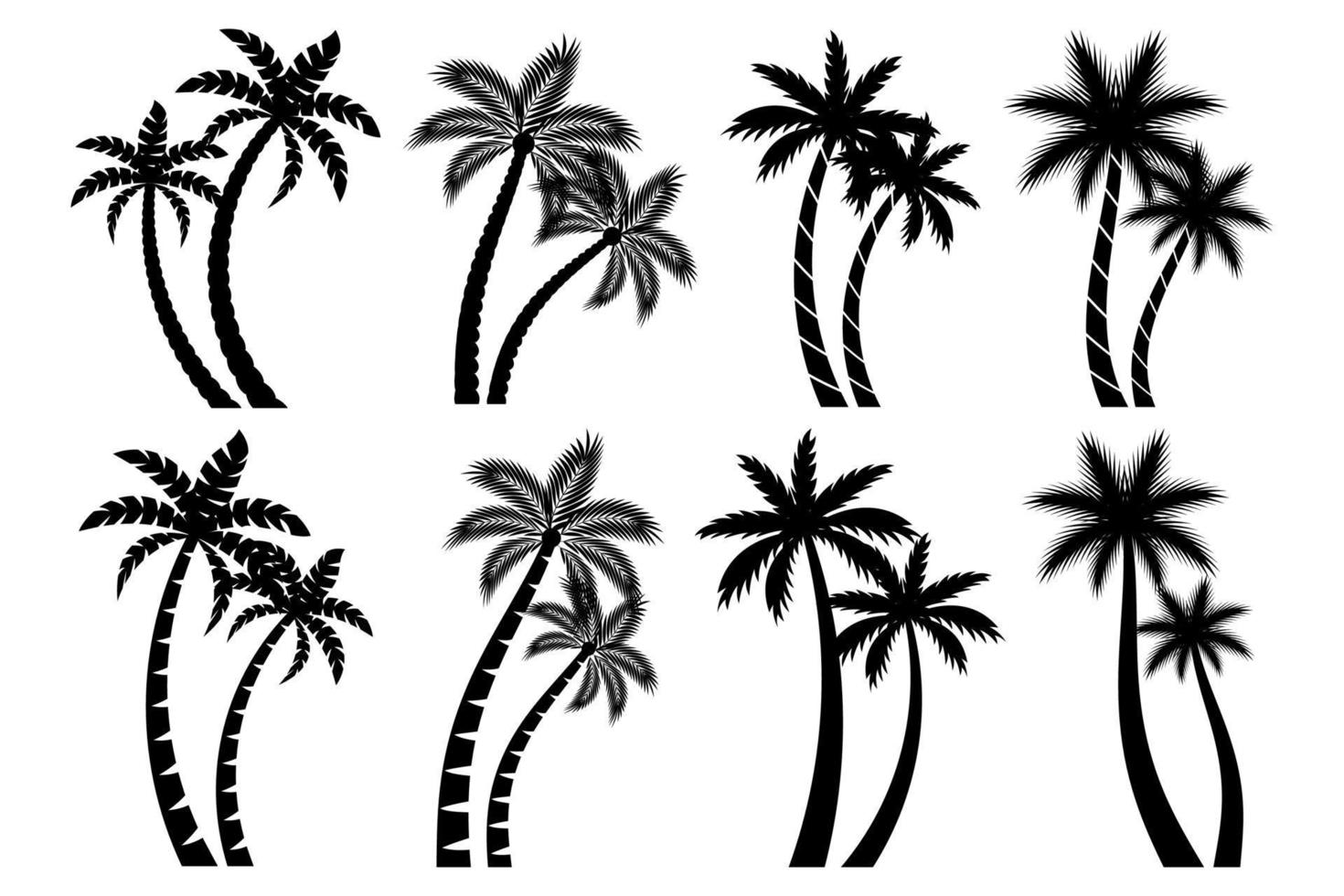 Collection couple palm trees silhouette isolated white background vector