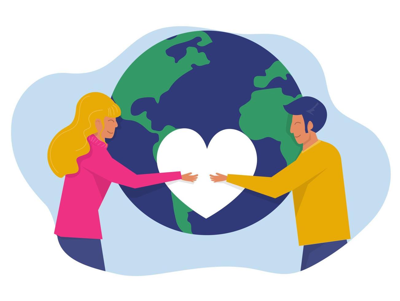 World Earth Day green eco energy , Young  lady and boy embracing the planet Earth with World Earth Day and Save the Planet concept vector