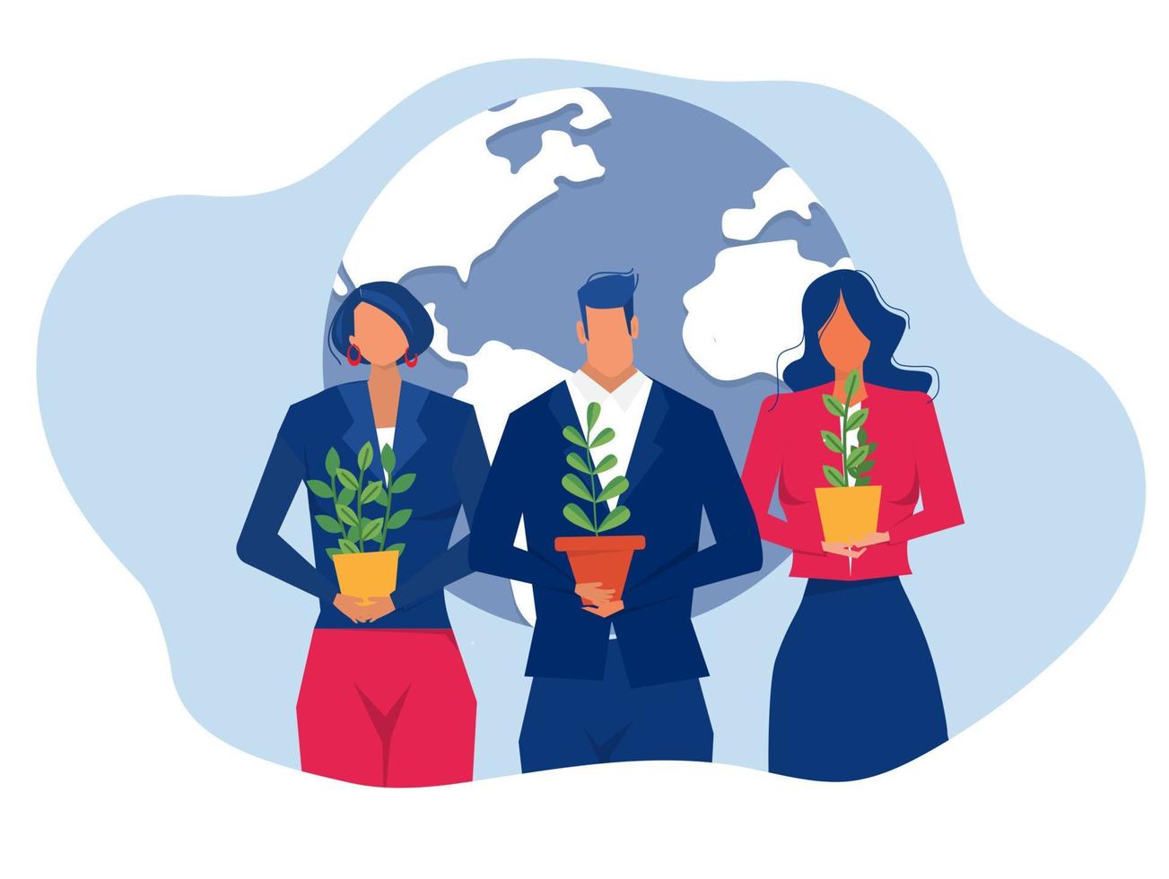 Team business holding  plants cooperation Nature on earth day conservation  Eco friendly ecology ESG or ecology problem concept.  vector illustration
