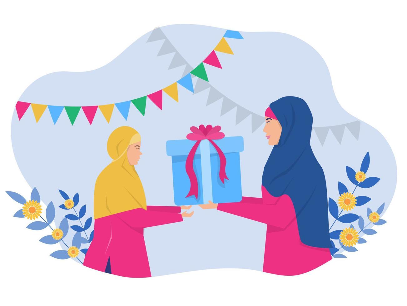 Muslim woman giving present to little girl,Religious tradition flat vector illustration. Celebration, birthday, Ramadan, Islam concept vector illustrator