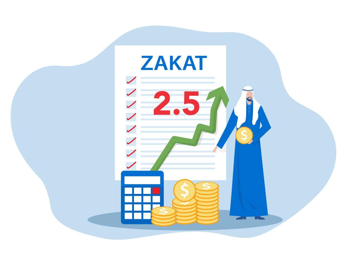 el hombre de negocios paga zakat de las ganancias en ramadan kareem concepto de zakat, fitrah en el mes sagrado de ramadan ilustración vectorial de caricatura plana vector