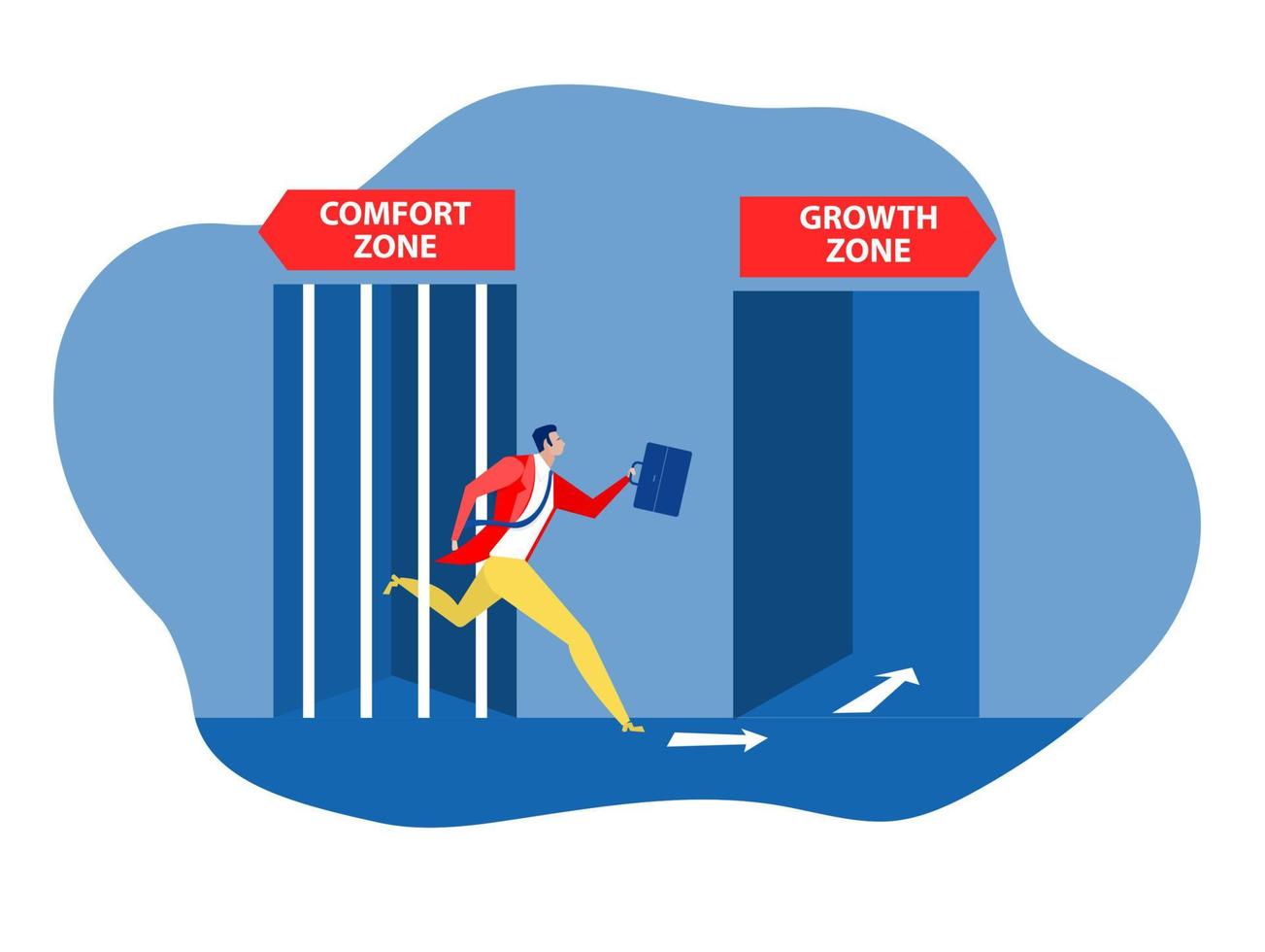 Growth mindset businessman leaving from door cage the comfort zone going through growth comfort door. Comfort, change, career concept vector