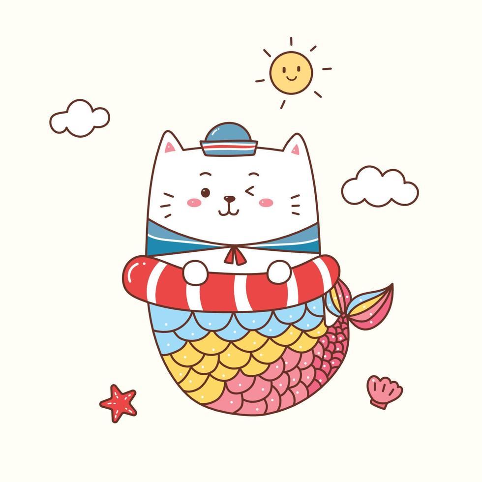 cute cat mermaid sailor for summer time. vector