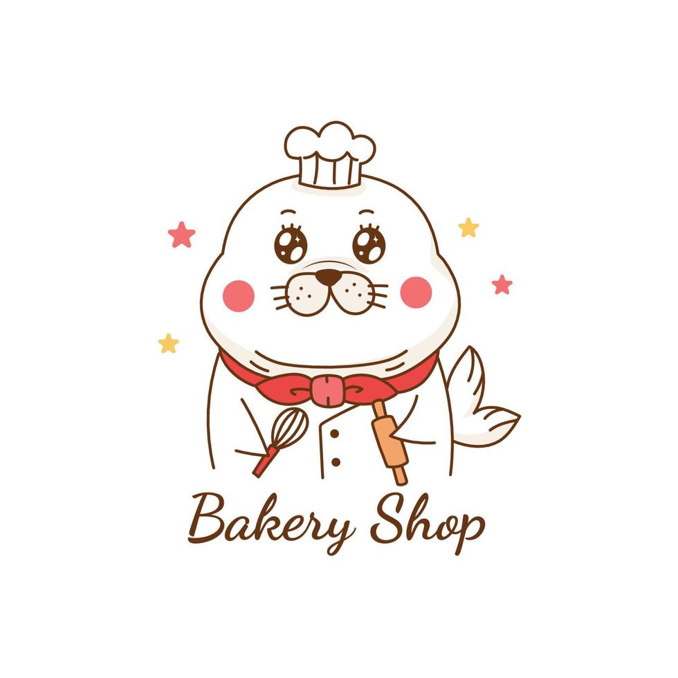 cute seal chef bakery logo cartoon vector