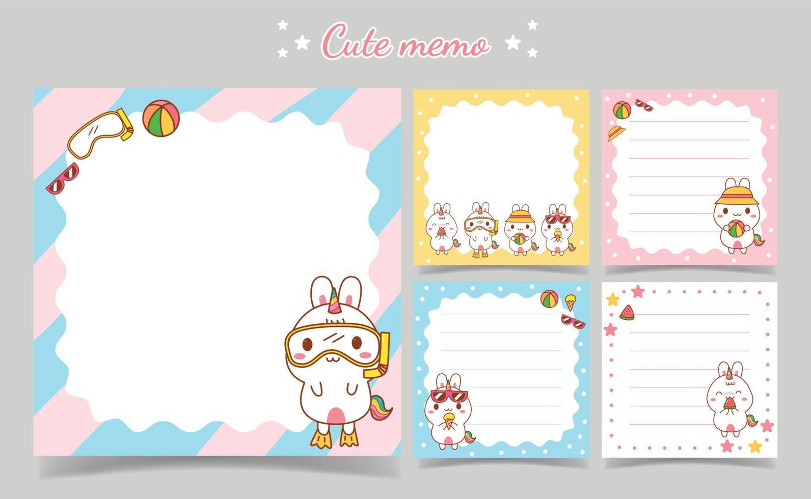 cute bunny unicorn summer memo notes Template for Greeting Scrap booking Card Design vector