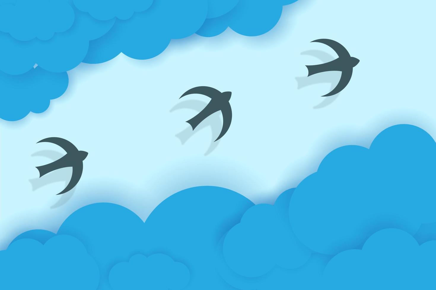 Three birds flying between blue clouds. vector