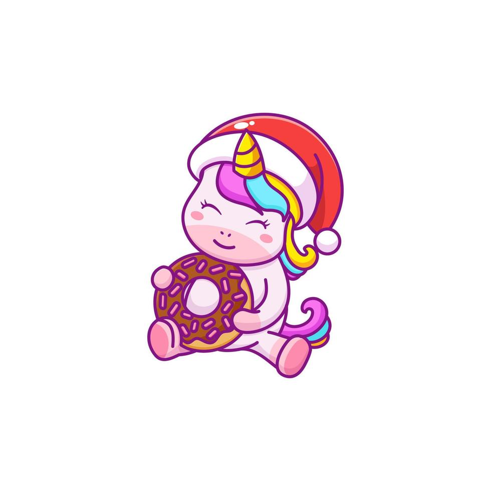 Cute unicorn eating big donut vector