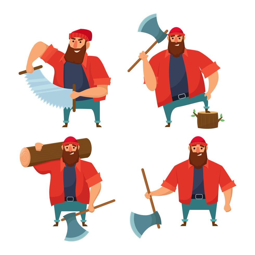 conjunto de personajes de dibujos animados de leñadores masculinos sosteniendo hachas, cortando madera en ilustración vectorial plana aislada en fondo blanco. vector