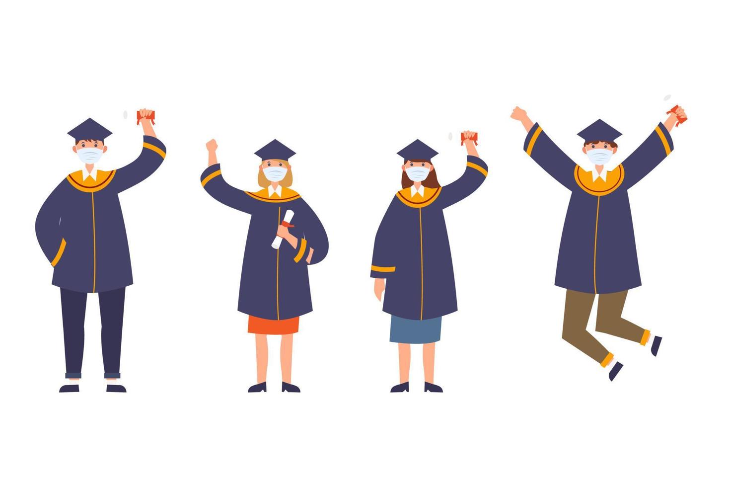 Group of university graduates in black gowns. Vector illustration of a flat design