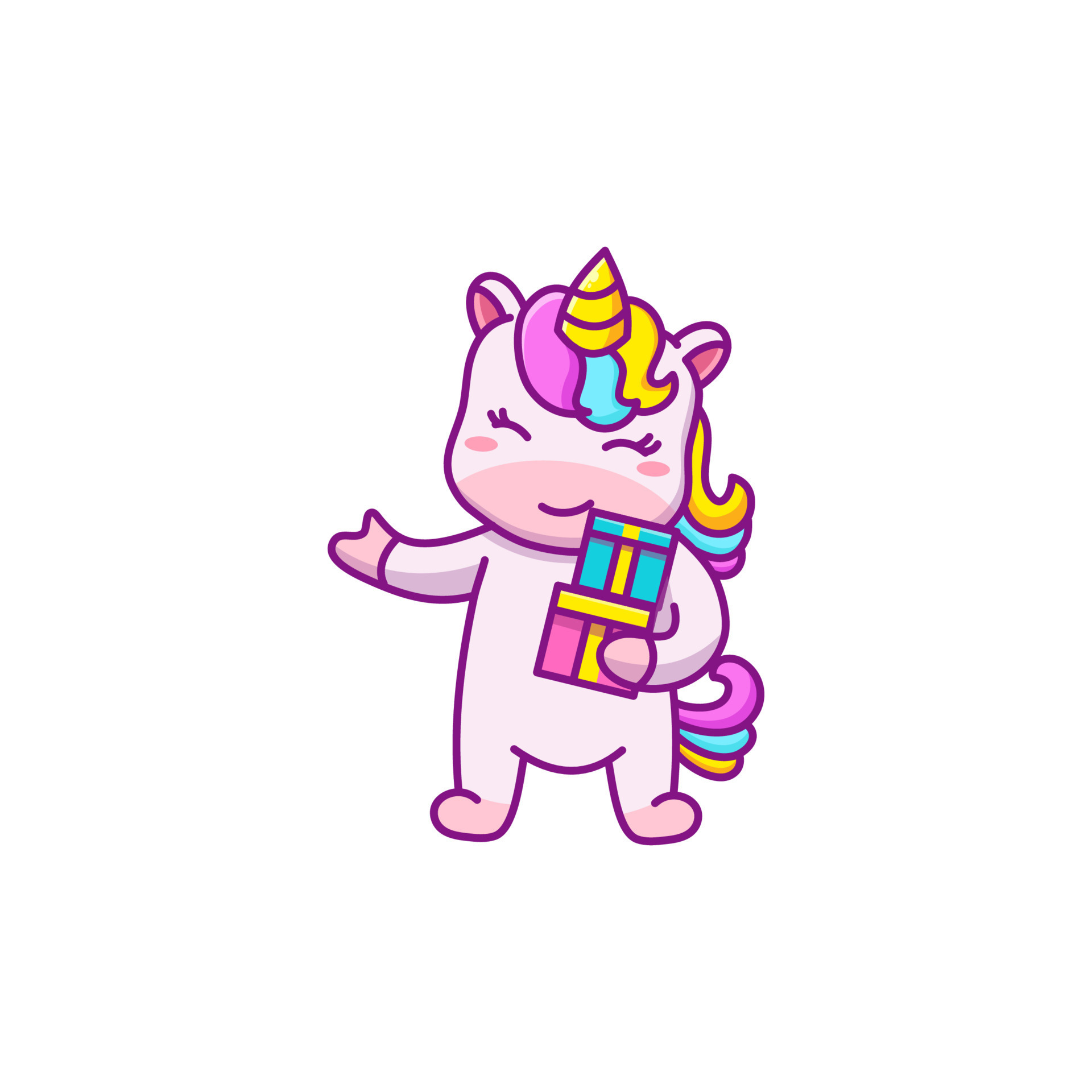 cute unicorn cartoon character holding gifts 7410705 Vector Art at Vecteezy