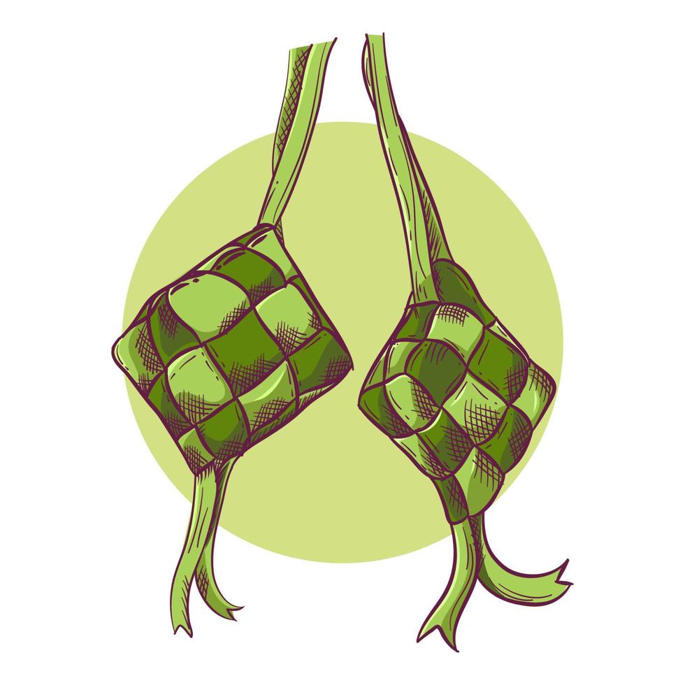 vector graphic of rice cake boiled in a rhombus-shaped packet of plaited young coconut leaves